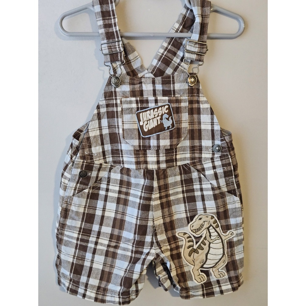 Y2K Era Kids Play Jurassic Giant Dinosaur Plaid Shortalls‎ Overalls 2T Brown